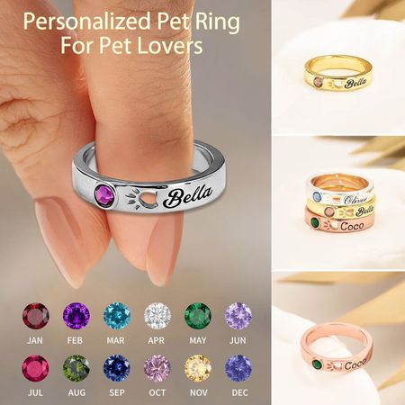 Personalized Birthstone Name Memorial Pet Paw Ring-Pet Loss Sympathy Gift